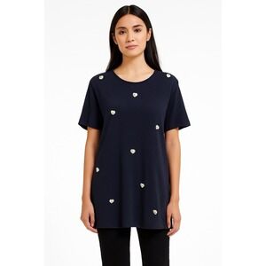 Susan Bristol Womens Blouse Black Short Sleeve Button Heart Round Neck Small